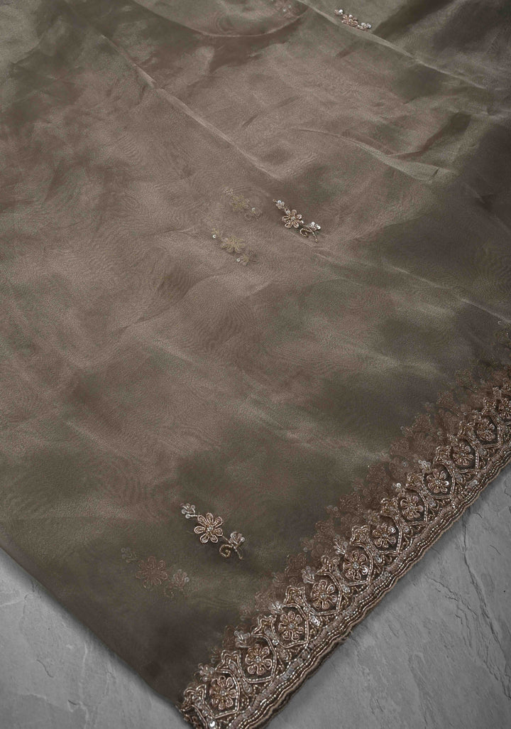 Gray Tissue Organza Saree with Sequins, Cutdana Work and Scallop Border