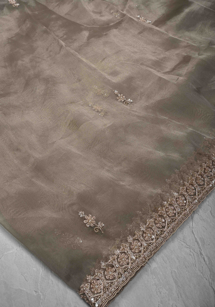 Gray Tissue Organza Saree with Sequins, Cutdana Work and Scallop Border