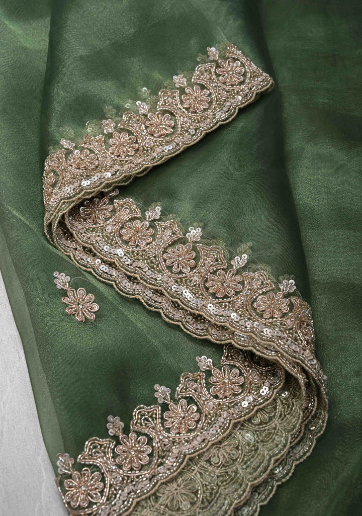 Eucalyptus Glass Organza Saree with Sequins, Cutdana Work and Scallop Border