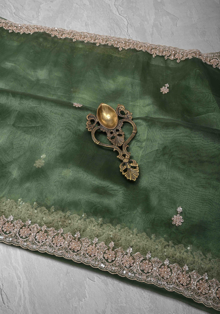Eucalyptus Glass Organza Saree with Sequins, Cutdana Work and Scallop Border