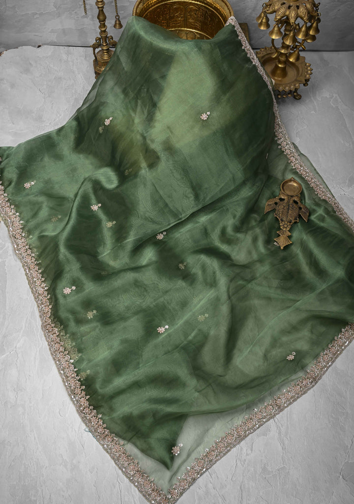 Eucalyptus Glass Organza Saree with Sequins, Cutdana Work and Scallop Border