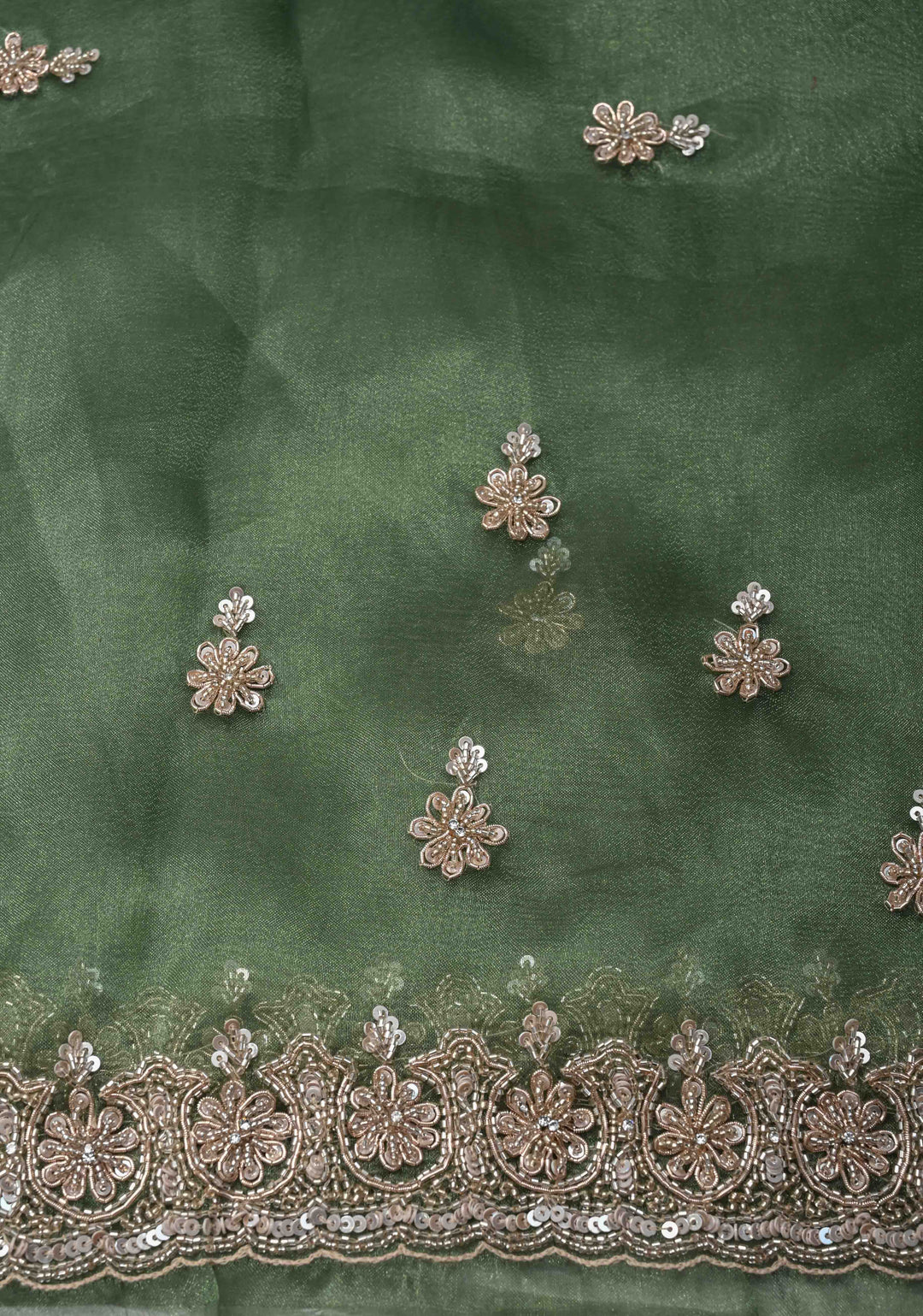 Eucalyptus Glass Organza Saree with Sequins, Cutdana Work and Scallop Border