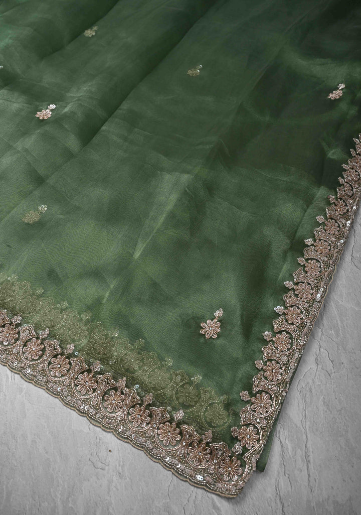 Eucalyptus Glass Organza Saree with Sequins, Cutdana Work and Scallop Border
