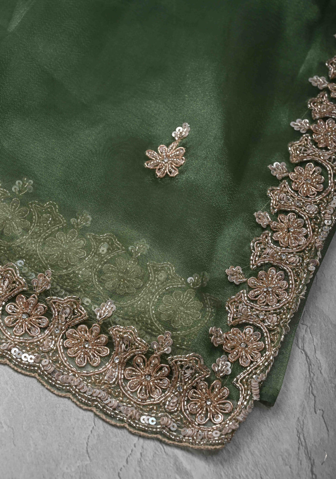 Eucalyptus Glass Organza Saree with Sequins, Cutdana Work and Scallop Border