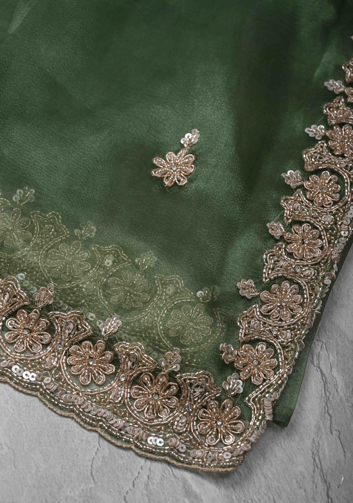 Eucalyptus Glass Organza Saree with Sequins, Cutdana Work and Scallop Border