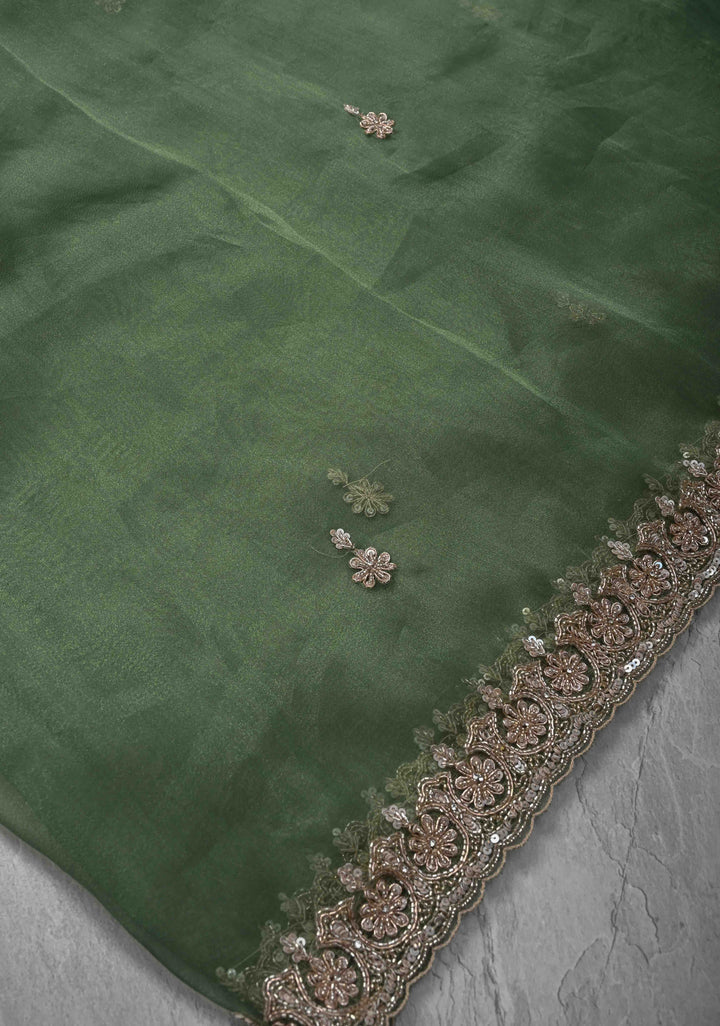 Eucalyptus Glass Organza Saree with Sequins, Cutdana Work and Scallop Border