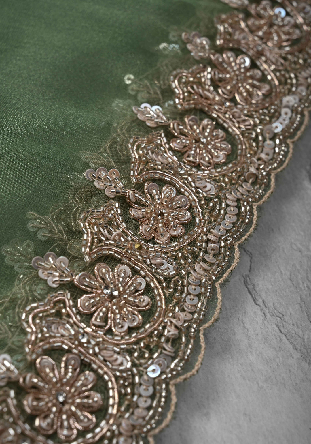 Eucalyptus Glass Organza Saree with Sequins, Cutdana Work and Scallop Border