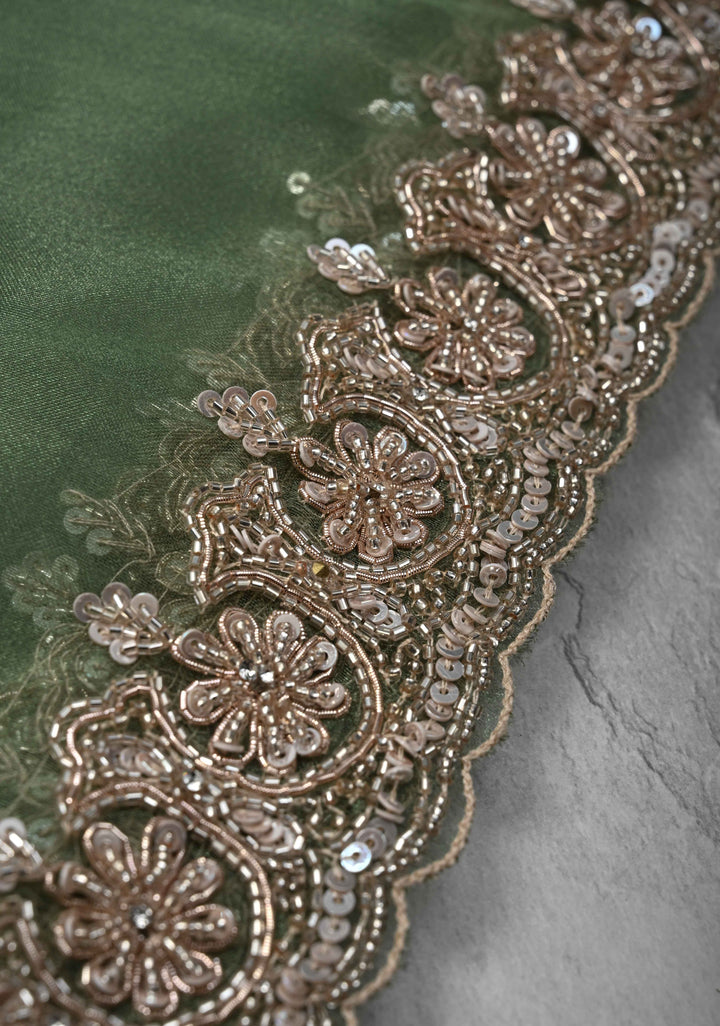 Eucalyptus Glass Organza Saree with Sequins, Cutdana Work and Scallop Border