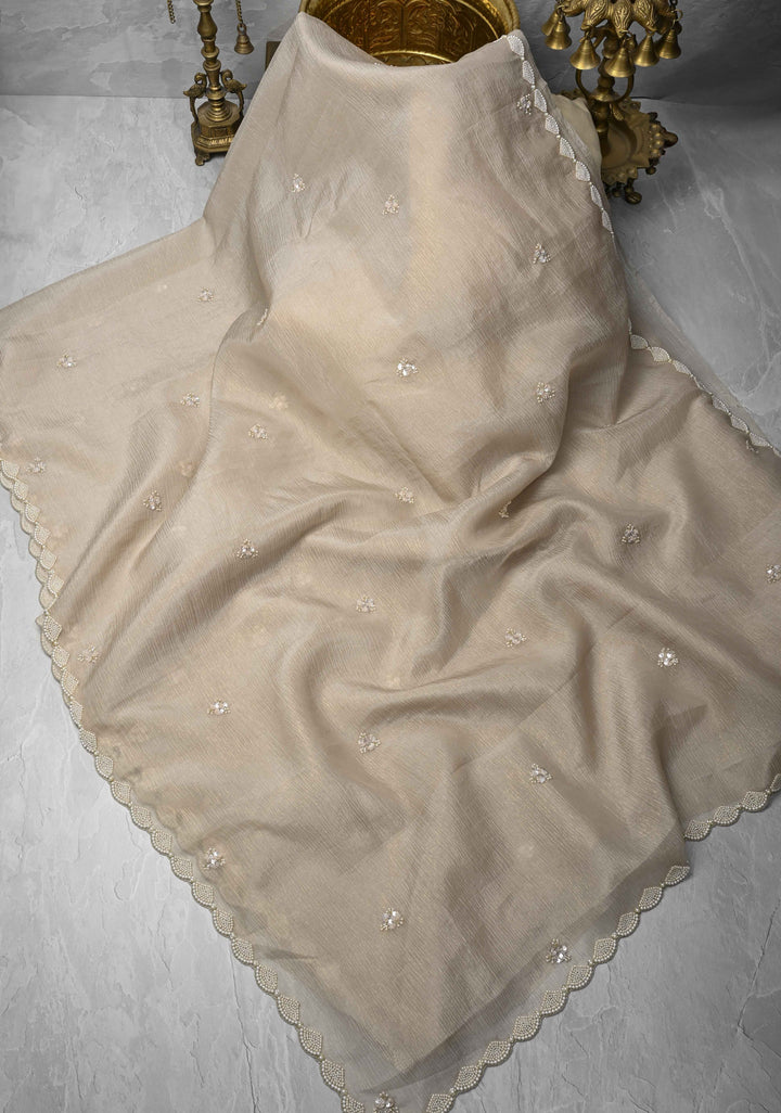 Taupe Crushed Tissue Organza Saree with Sequins, Cutdana work and Moti Detailing Scallop Border