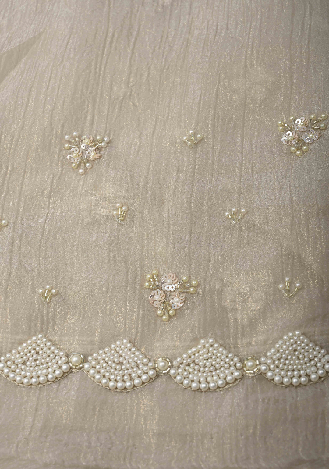 Taupe Crushed Tissue Organza Saree with Sequins, Cutdana work and Moti Detailing Scallop Border