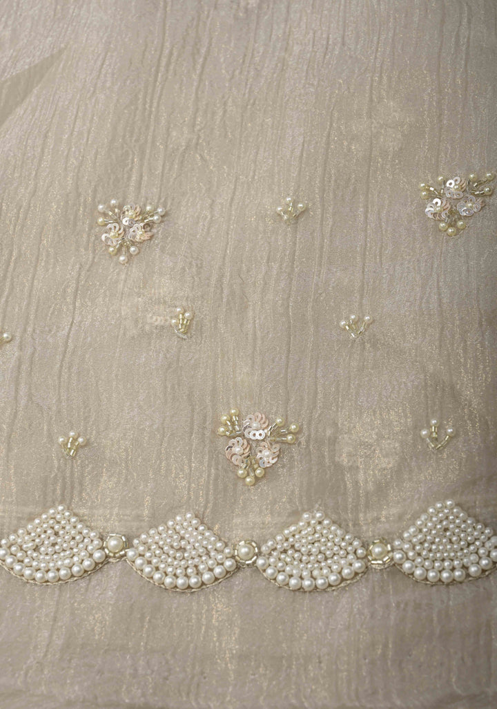 Taupe Crushed Tissue Organza Saree with Sequins, Cutdana work and Moti Detailing Scallop Border