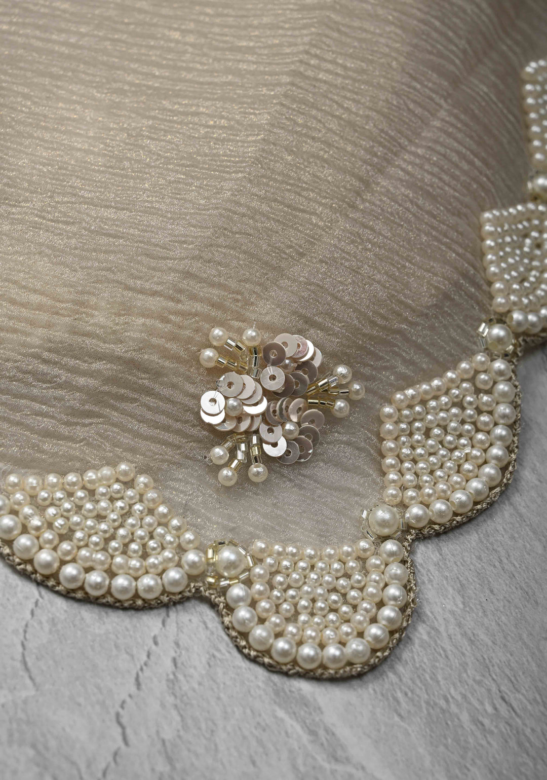Taupe Crushed Tissue Organza Saree with Sequins, Cutdana work and Moti Detailing Scallop Border