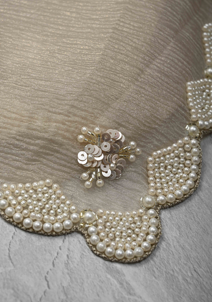 Taupe Crushed Tissue Organza Saree with Sequins, Cutdana work and Moti Detailing Scallop Border