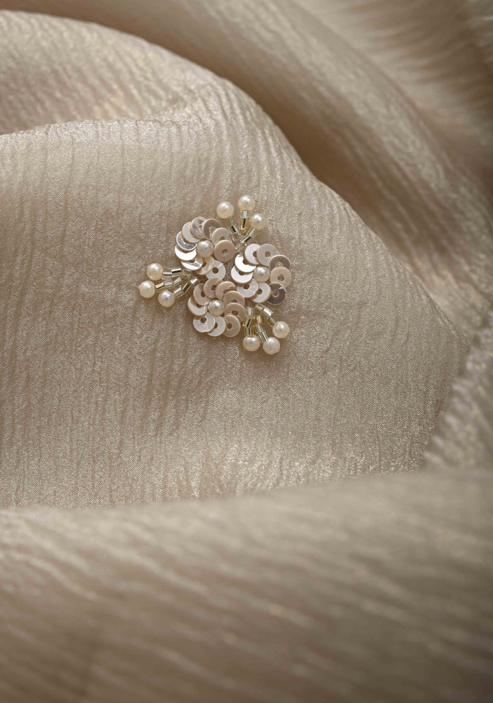 Taupe Crushed Tissue Organza Saree with Sequins, Cutdana work and Moti Detailing Scallop Border