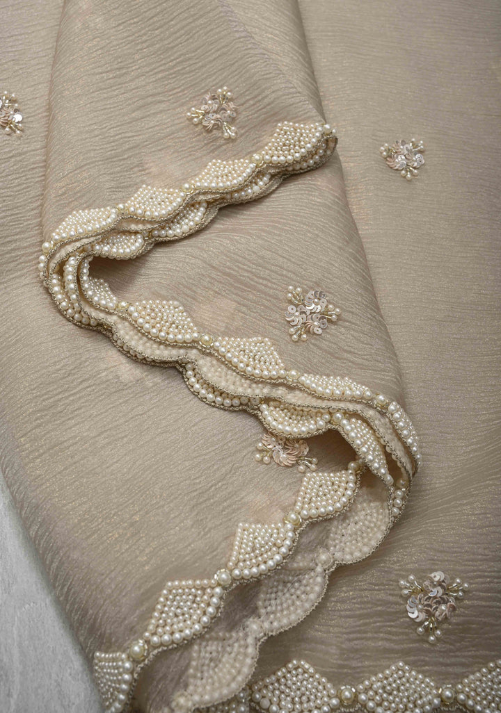 Taupe Crushed Tissue Organza Saree with Sequins, Cutdana work and Moti Detailing Scallop Border