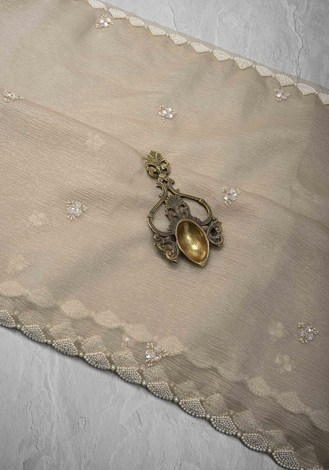 Taupe Crushed Tissue Organza Saree with Sequins, Cutdana work and Moti Detailing Scallop Border