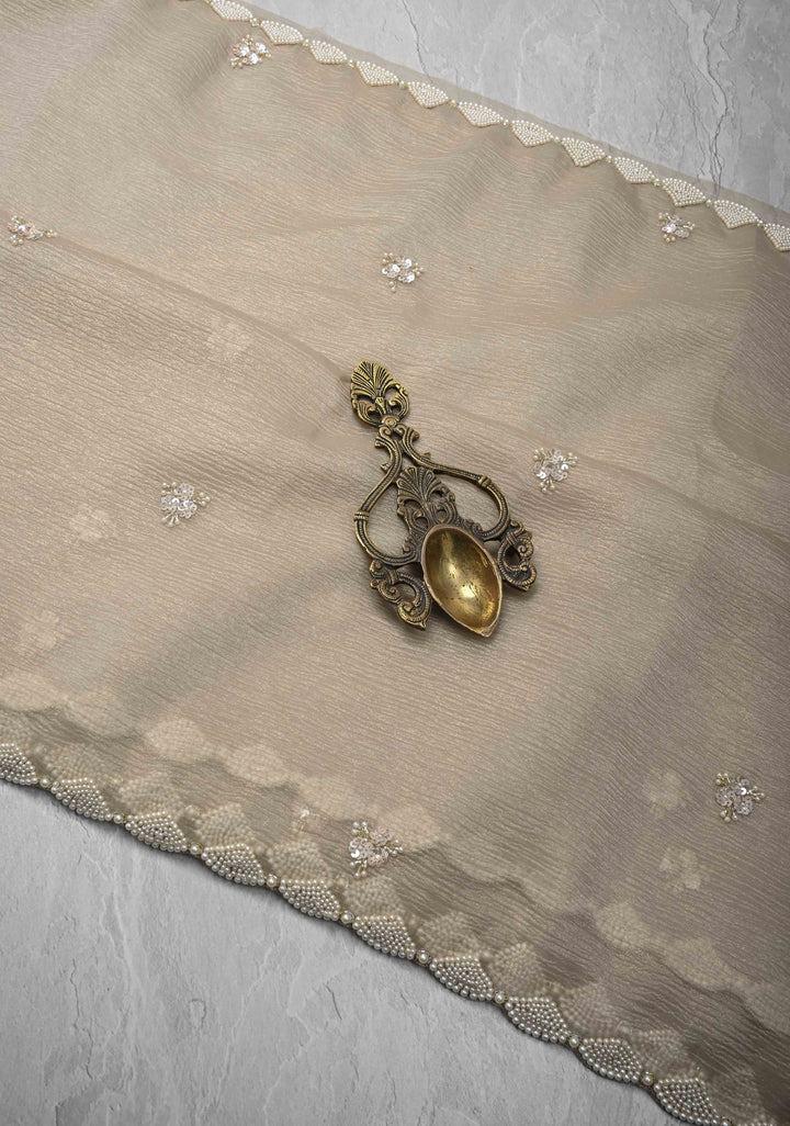 Taupe Crushed Tissue Organza Saree with Sequins, Cutdana work and Moti Detailing Scallop Border