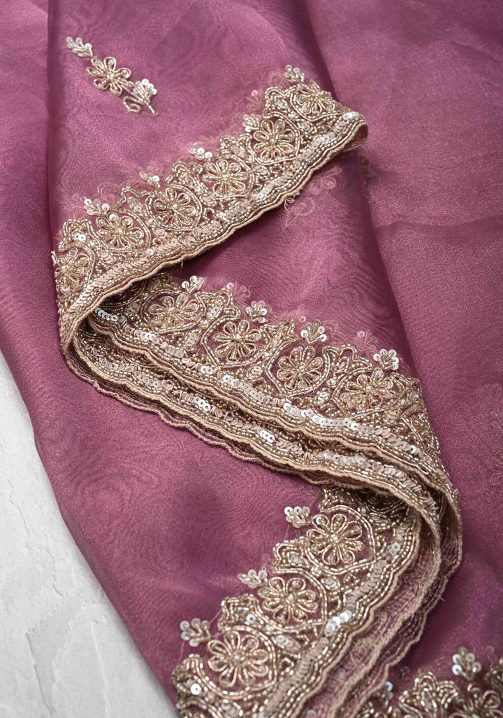 Onion Pink Tissue Organza Saree with Sequins, Cutdana Work on Scallop Border