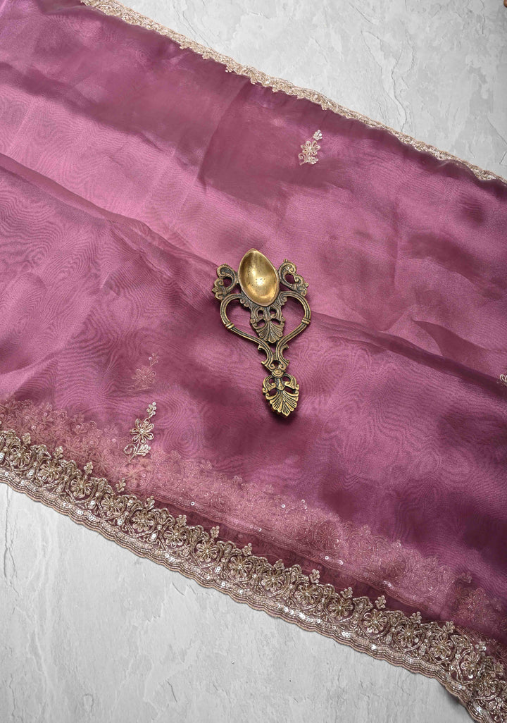 Onion Pink Tissue Organza Saree with Sequins, Cutdana Work on Scallop Border