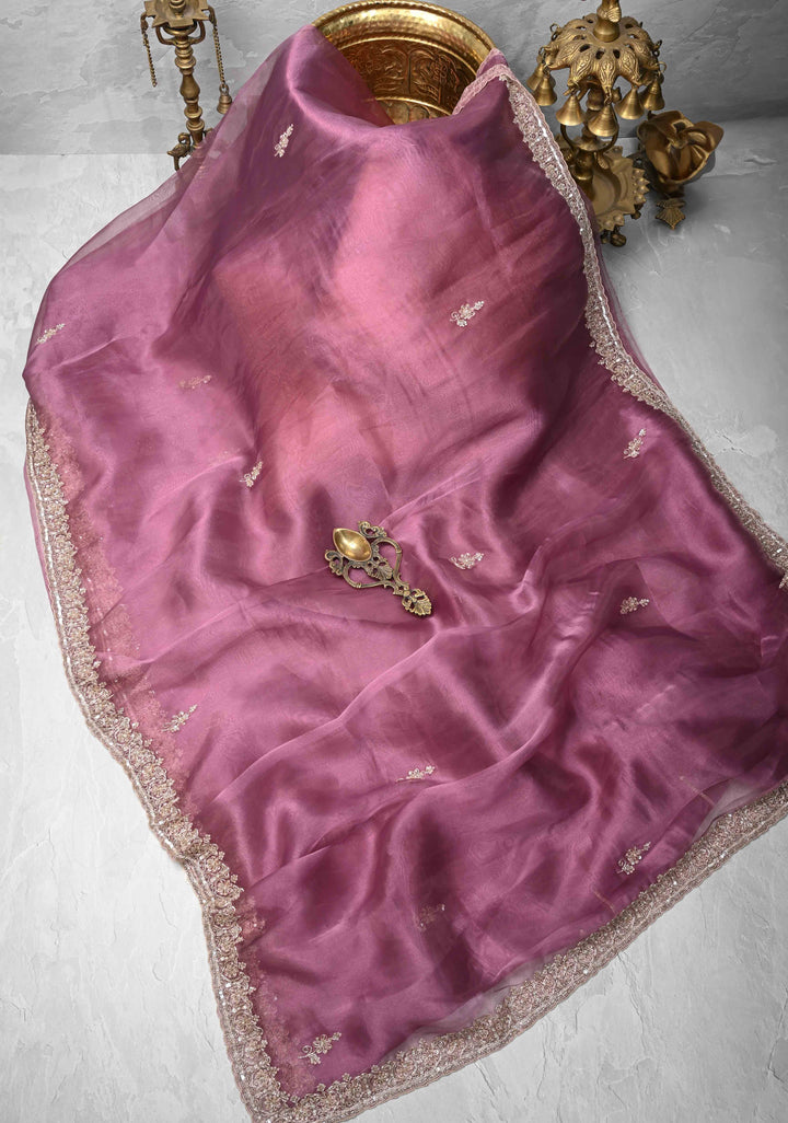 Onion Pink Tissue Organza Saree with Sequins, Cutdana Work on Scallop Border