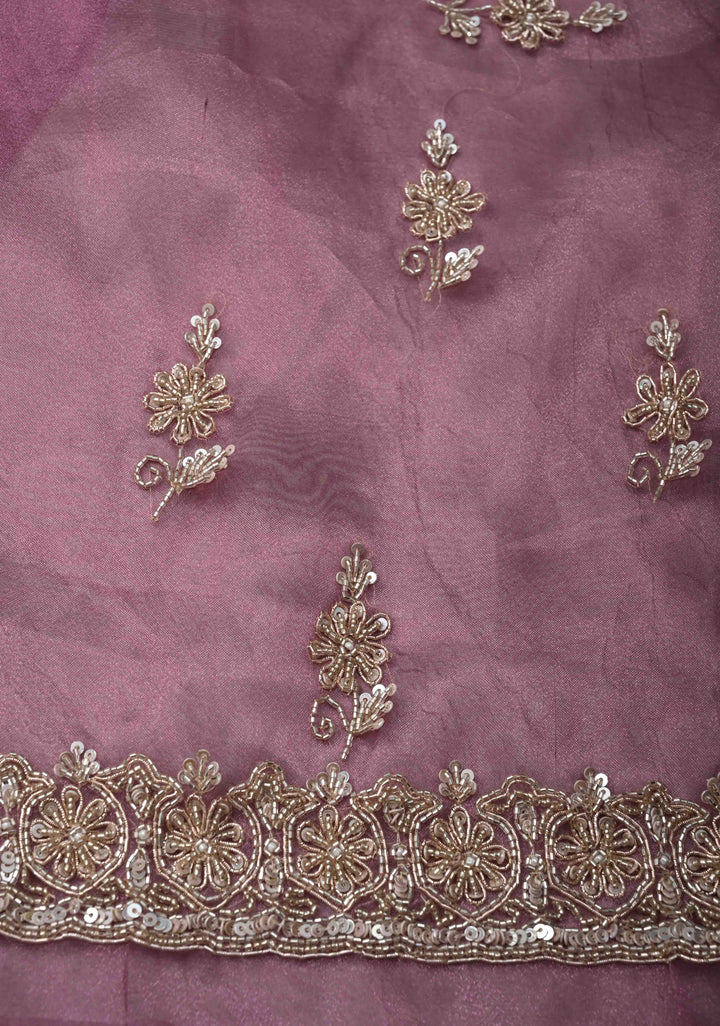 Onion Pink Tissue Organza Saree with Sequins, Cutdana Work on Scallop Border