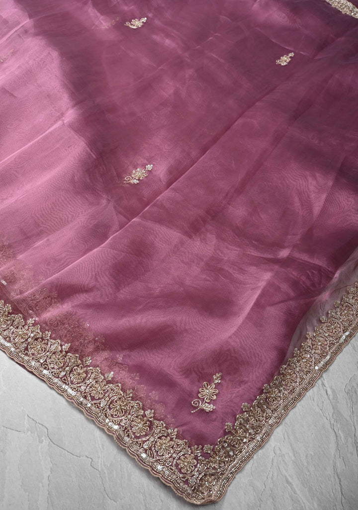 Onion Pink Tissue Organza Saree with Sequins, Cutdana Work on Scallop Border