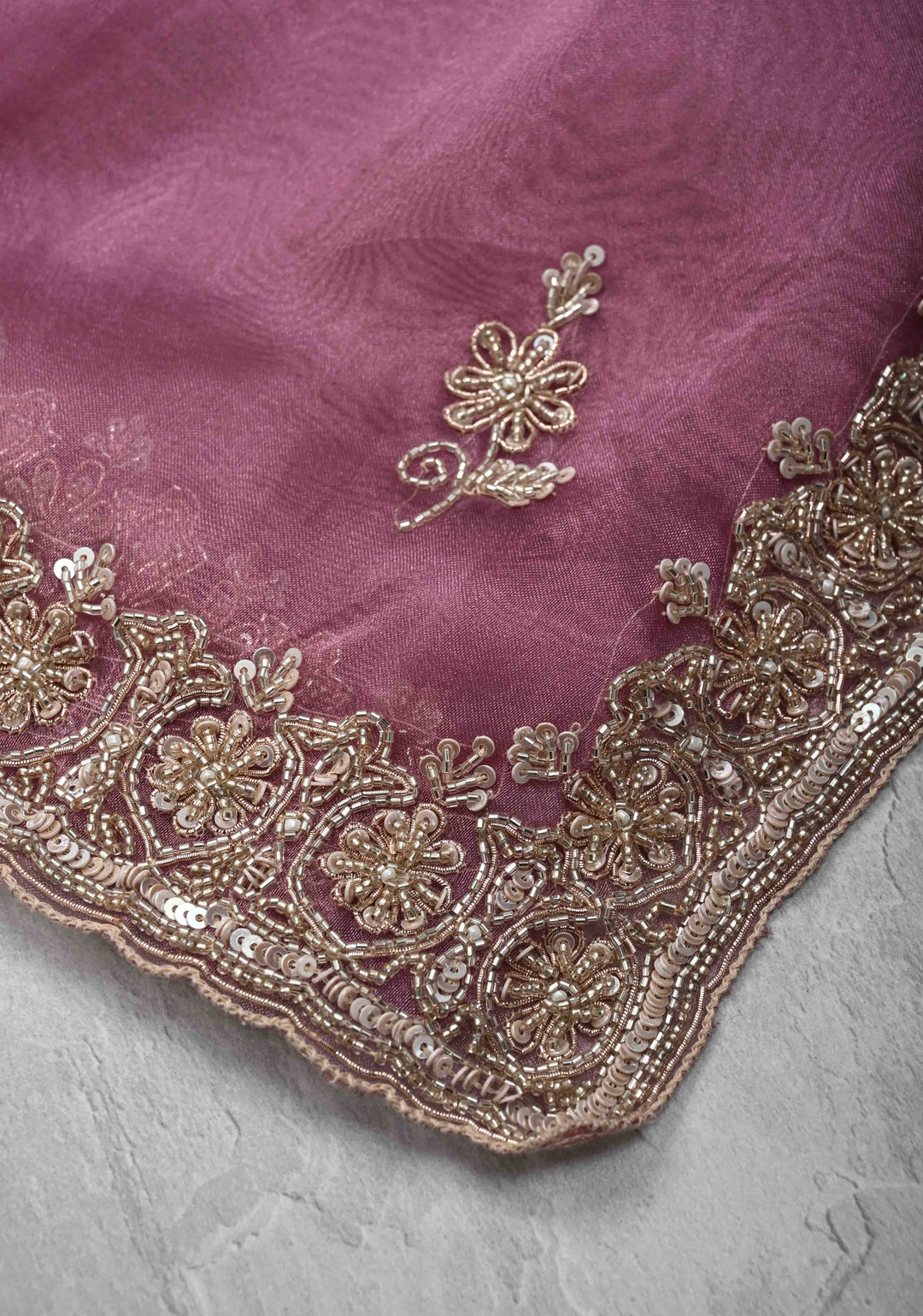 Onion Pink Tissue Organza Saree with Sequins, Cutdana Work on Scallop Border