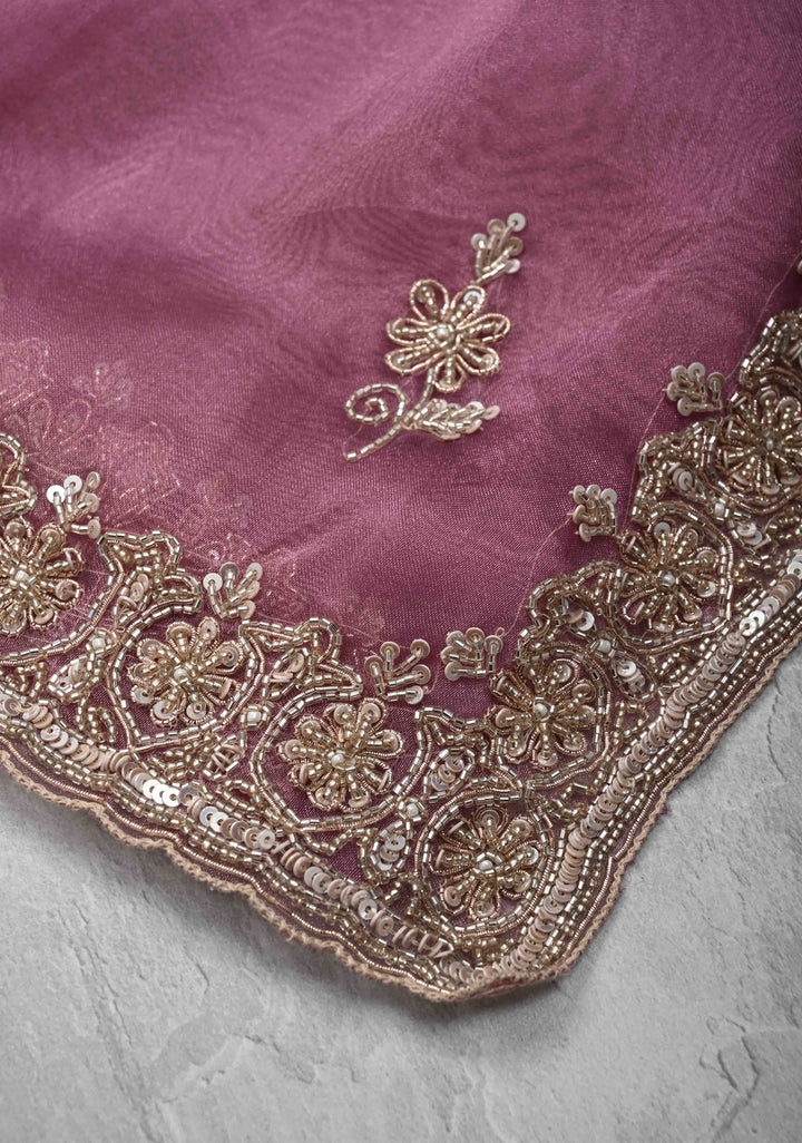 Onion Pink Tissue Organza Saree with Sequins, Cutdana Work on Scallop Border