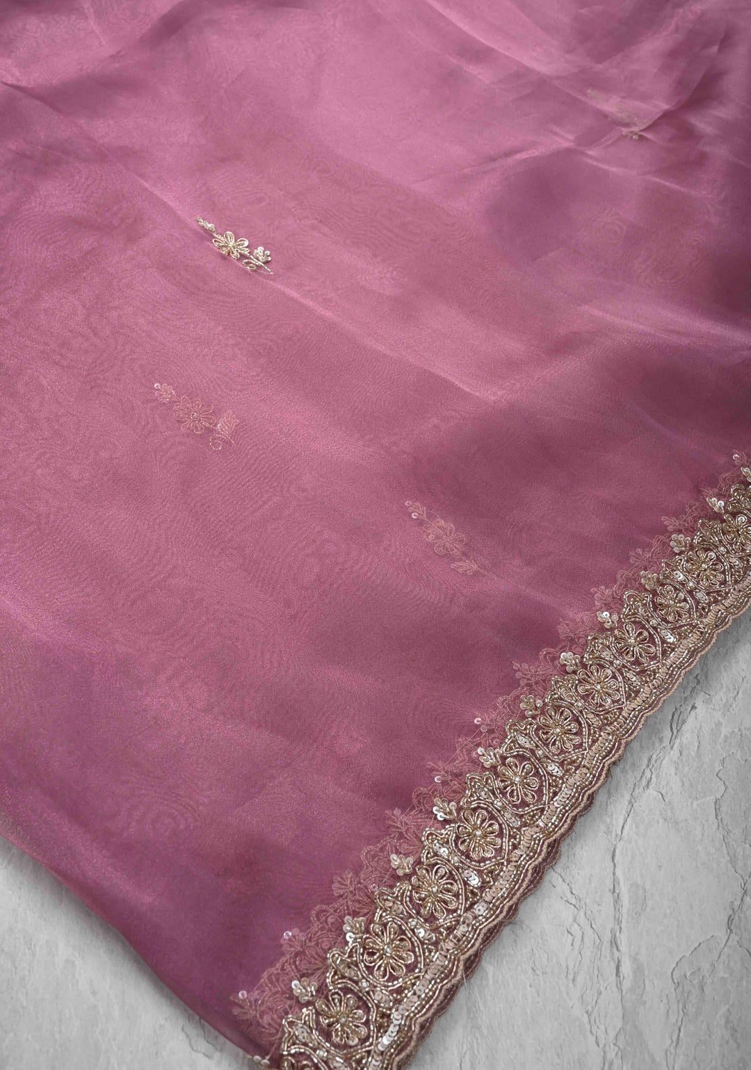 Onion Pink Tissue Organza Saree with Sequins, Cutdana Work on Scallop Border