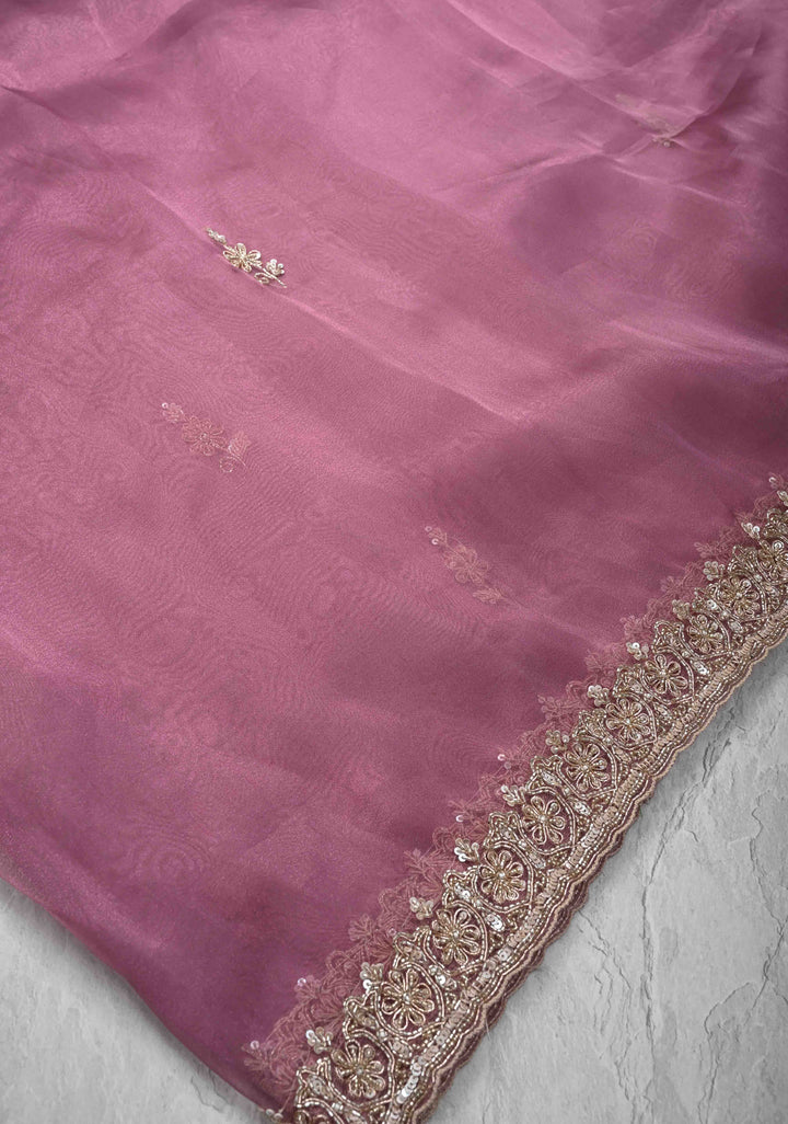 Onion Pink Tissue Organza Saree with Sequins, Cutdana Work on Scallop Border