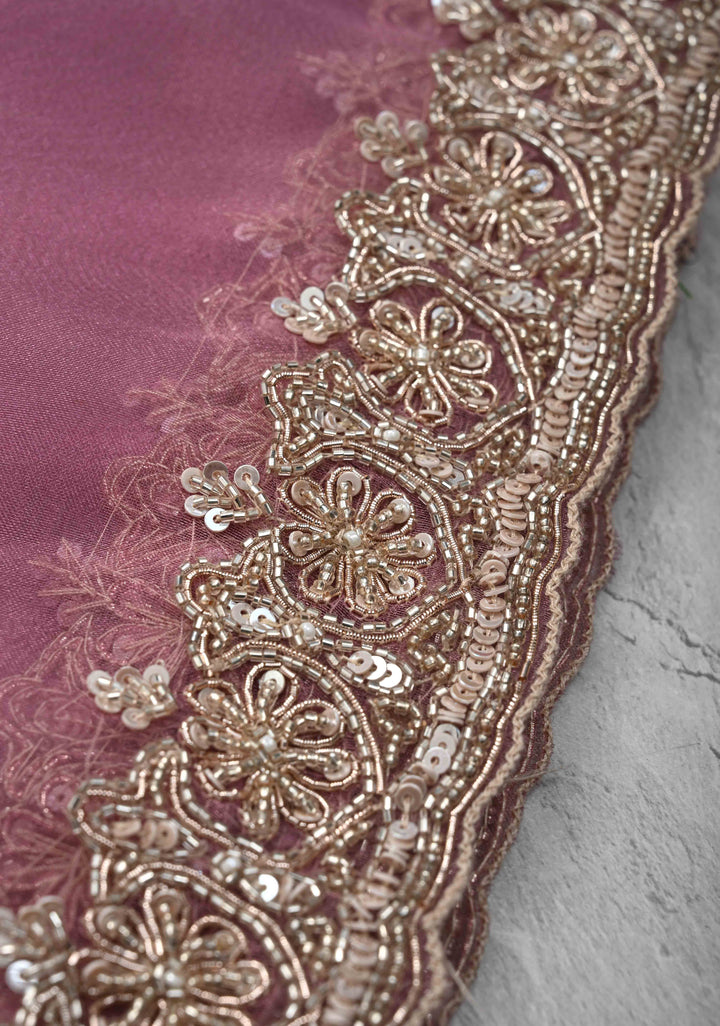 Onion Pink Tissue Organza Saree with Sequins, Cutdana Work on Scallop Border