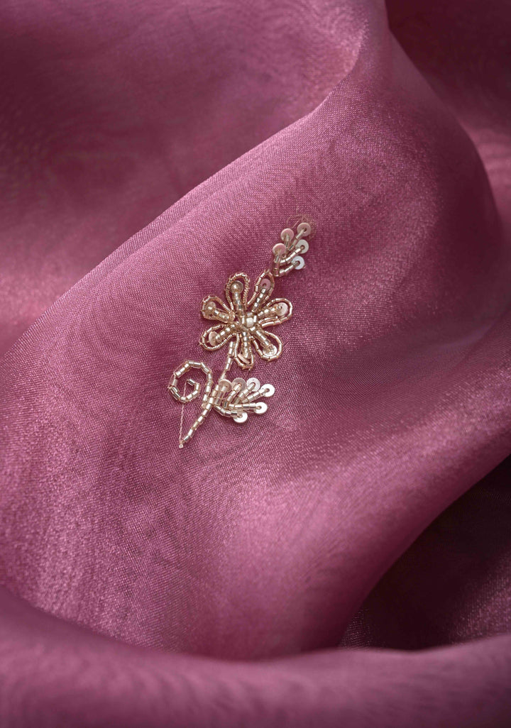 Onion Pink Tissue Organza Saree with Sequins, Cutdana Work on Scallop Border