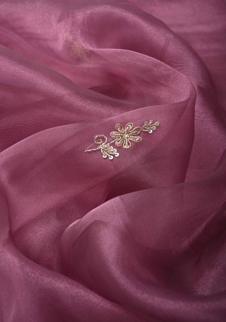 Onion Pink Tissue Organza Saree with Sequins, Cutdana Work on Scallop Border