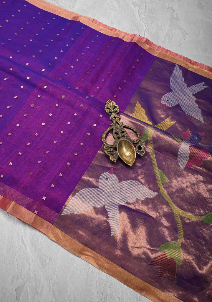 Purple Dual tone Matka Muslin Saree with pocket sequins and Paithani Style Pallu | SILK MARK CERTIFIED