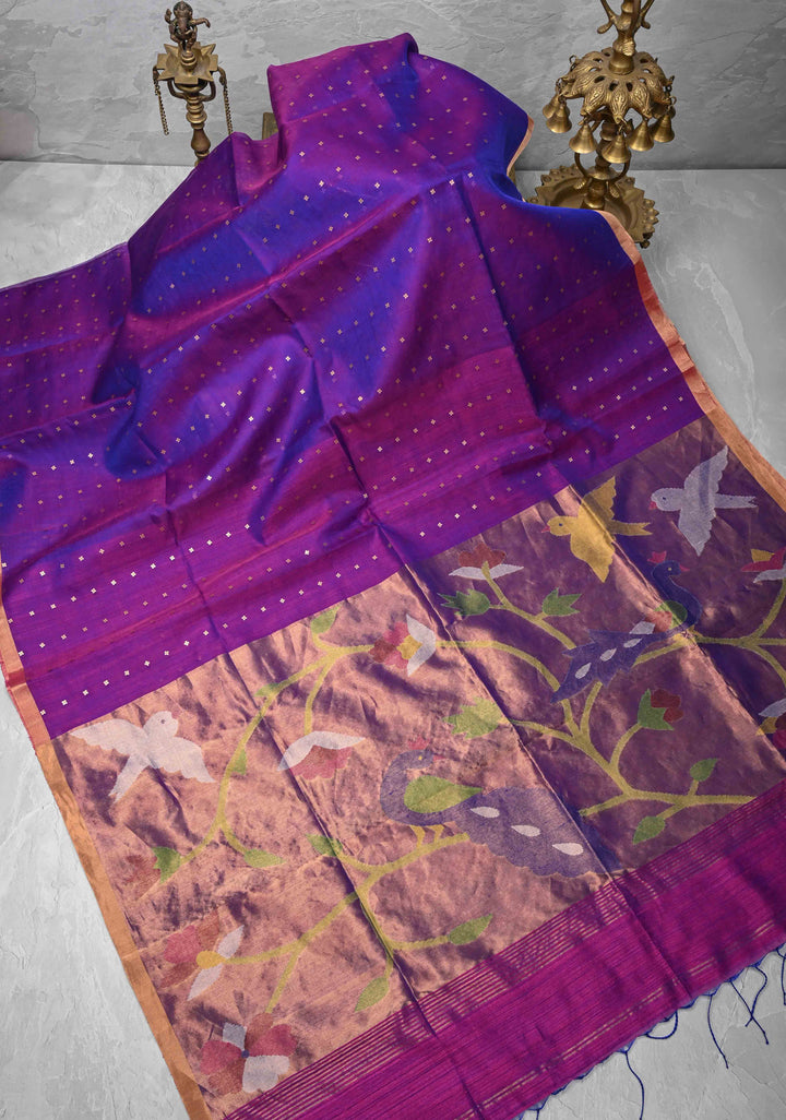 Purple Dual tone Matka Muslin Saree with pocket sequins and Paithani Style Pallu | SILK MARK CERTIFIED