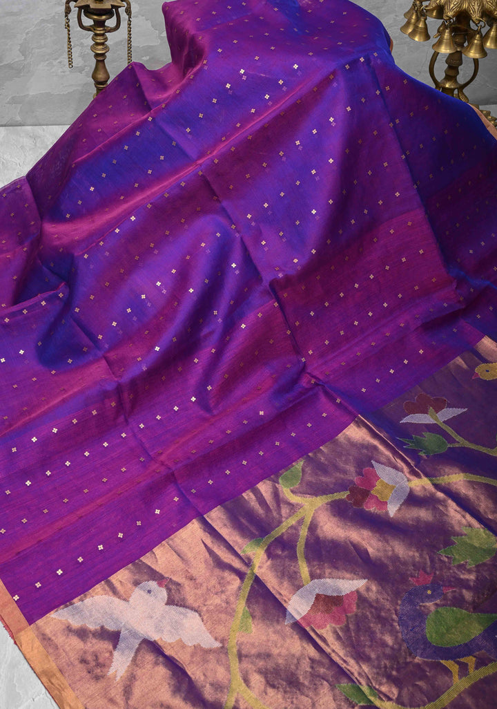 Purple Dual tone Matka Muslin Saree with pocket sequins and Paithani Style Pallu | SILK MARK CERTIFIED