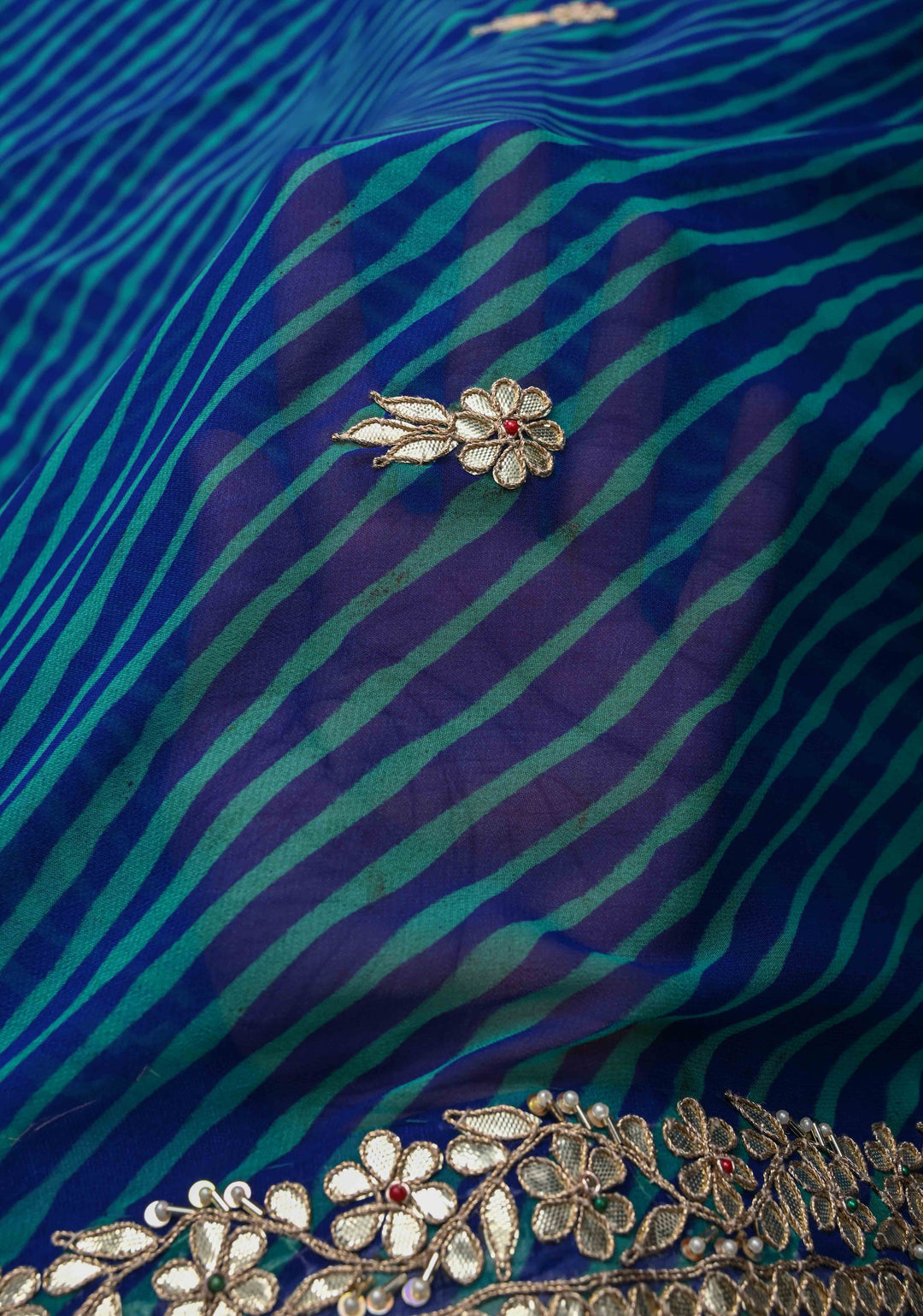 Blue Pure Georgette Silk Saree on Leheria Pattern with Gotta Patti and Moti work