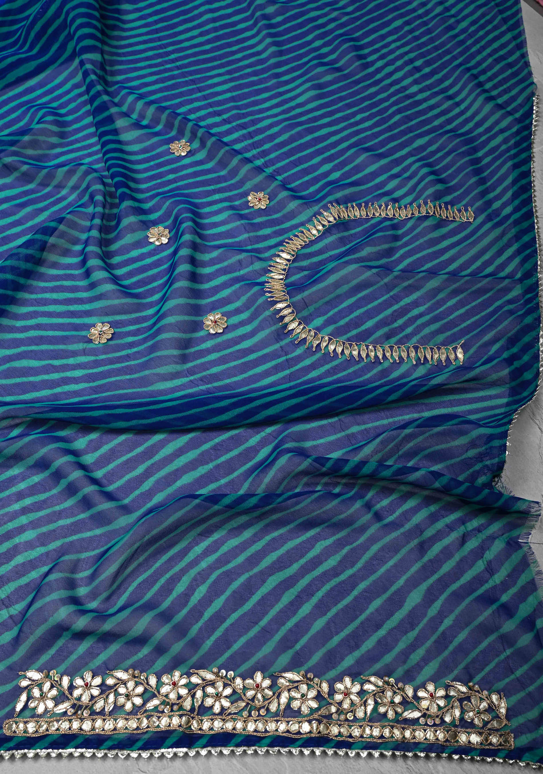 Blue Pure Georgette Silk Saree on Leheria Pattern with Gotta Patti and Moti work