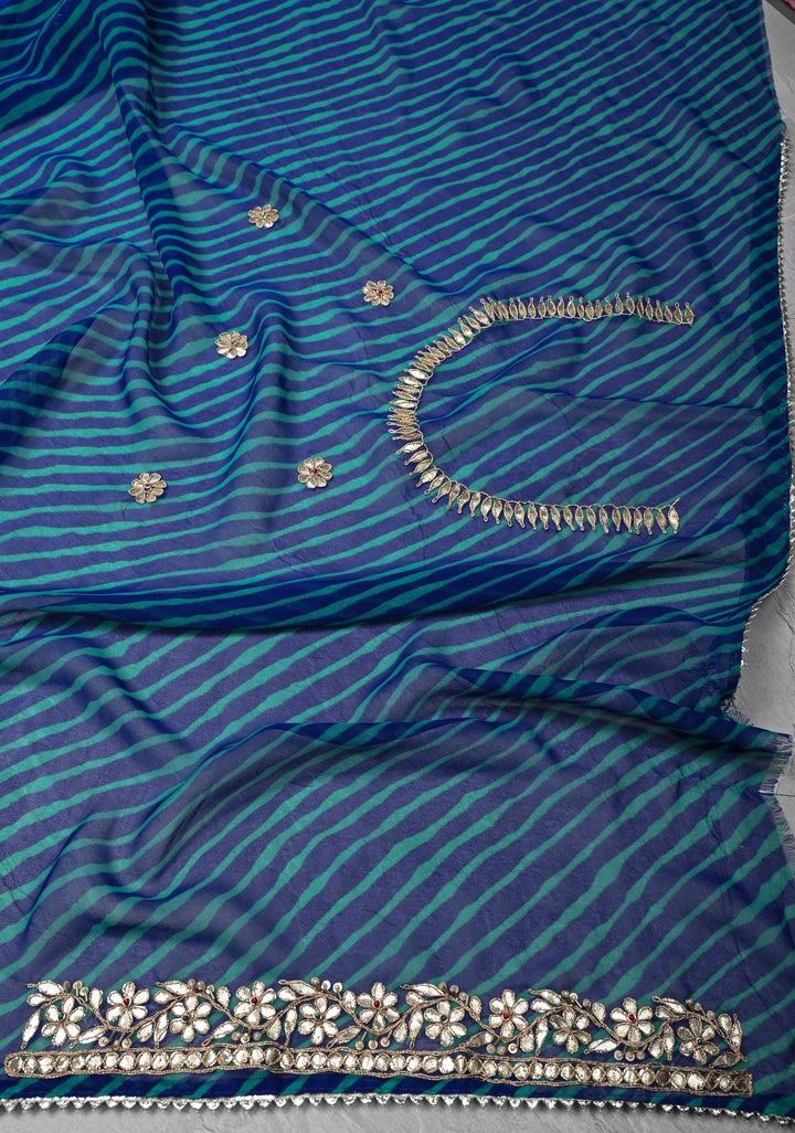 Blue Pure Georgette Silk Saree on Leheria Pattern with Gotta Patti and Moti work
