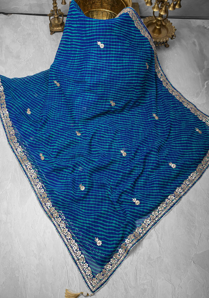 Blue Pure Georgette Silk Saree on Leheria Pattern with Gotta Patti and Moti work