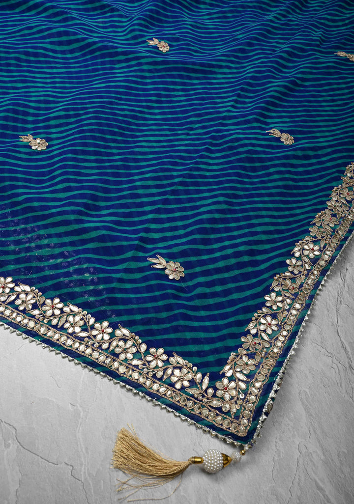 Blue Pure Georgette Silk Saree on Leheria Pattern with Gotta Patti and Moti work