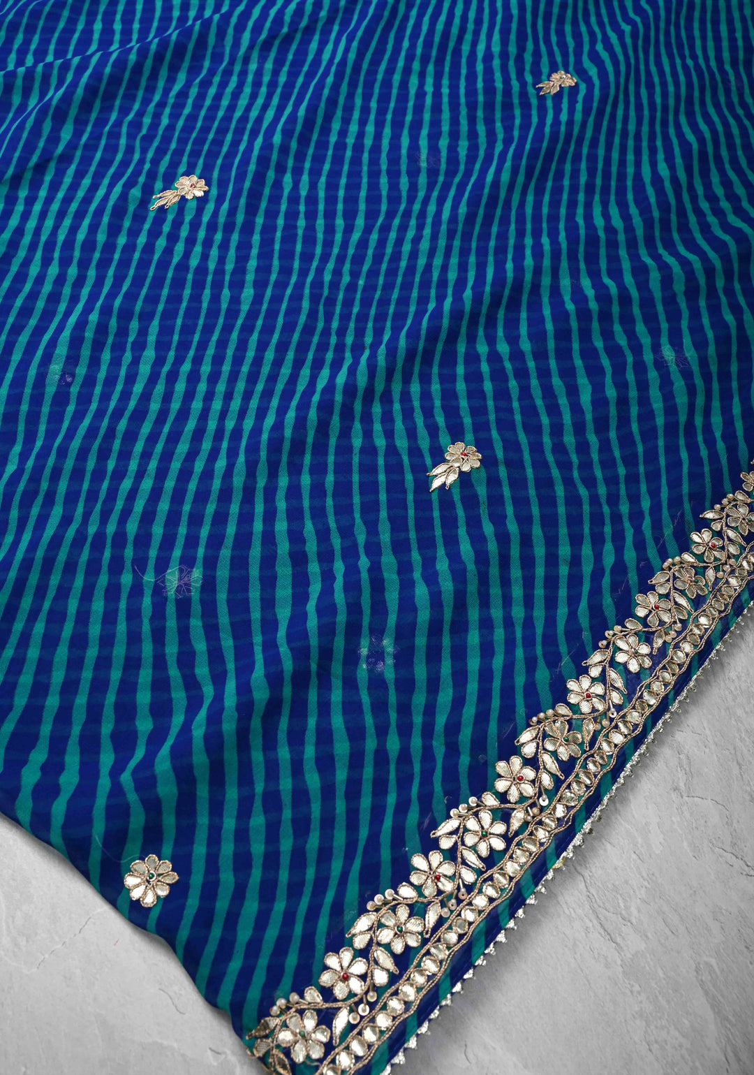 Blue Pure Georgette Silk Saree on Leheria Pattern with Gotta Patti and Moti work