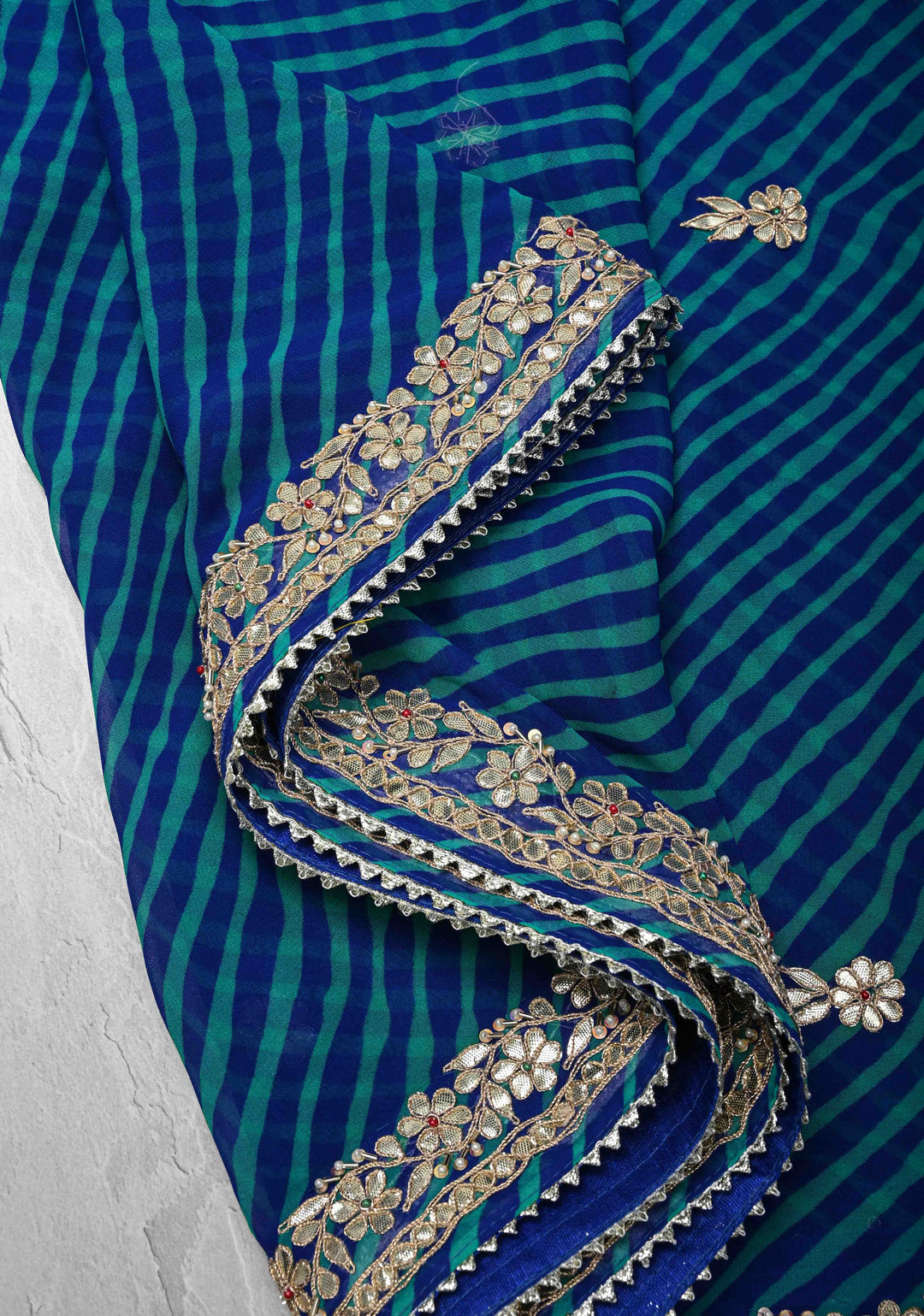 Blue Pure Georgette Silk Saree on Leheria Pattern with Gotta Patti and Moti work