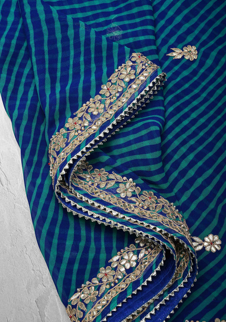 Blue Pure Georgette Silk Saree on Leheria Pattern with Gotta Patti and Moti work