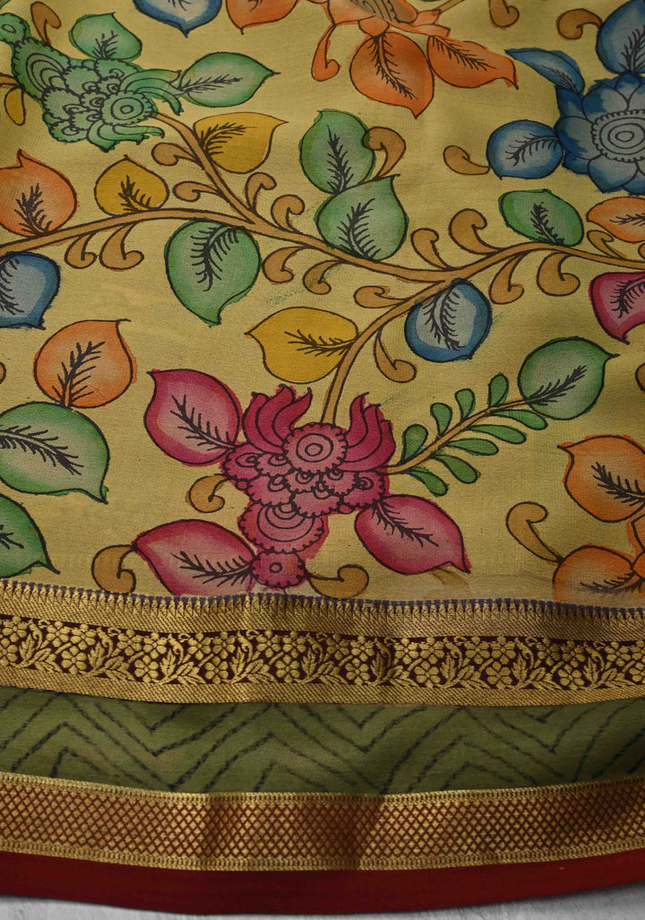 Yellow and Purple Handpainted Pen Kalamkari on Pure Mysore Silk Saree with Zari Brocade Jaal and Rettaipet Border | SILK MARK CERTIFIED