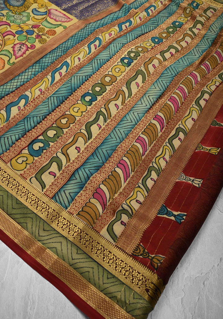 Yellow and Purple Handpainted Pen Kalamkari on Pure Mysore Silk Saree with Zari Brocade Jaal and Rettaipet Border | SILK MARK CERTIFIED