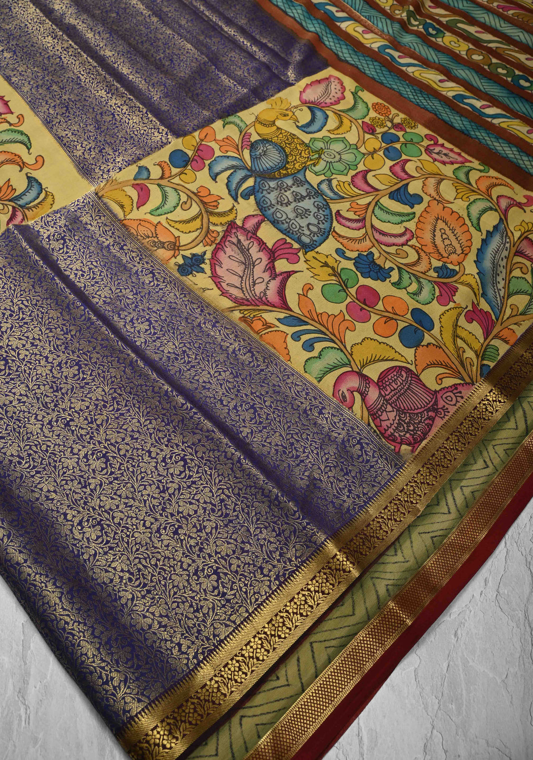 Yellow and Purple Handpainted Pen Kalamkari on Pure Mysore Silk Saree with Zari Brocade Jaal and Rettaipet Border | SILK MARK CERTIFIED