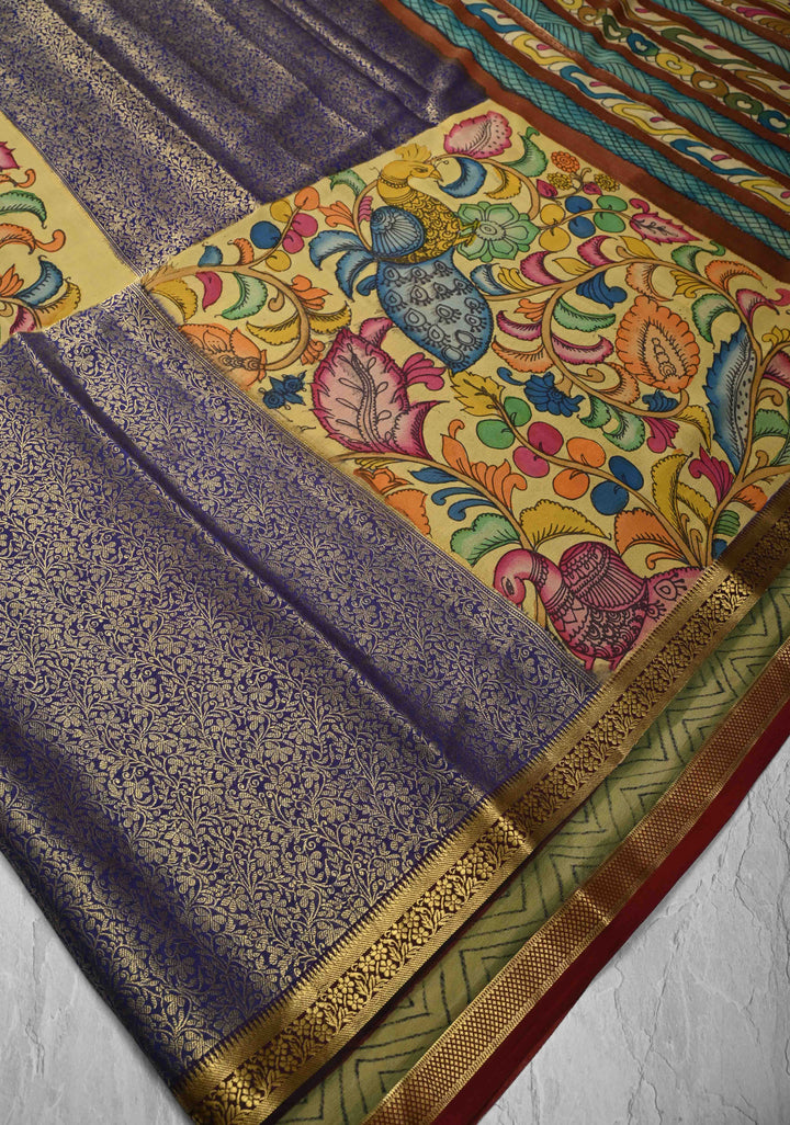 Yellow and Purple Handpainted Pen Kalamkari on Pure Mysore Silk Saree with Zari Brocade Jaal and Rettaipet Border | SILK MARK CERTIFIED