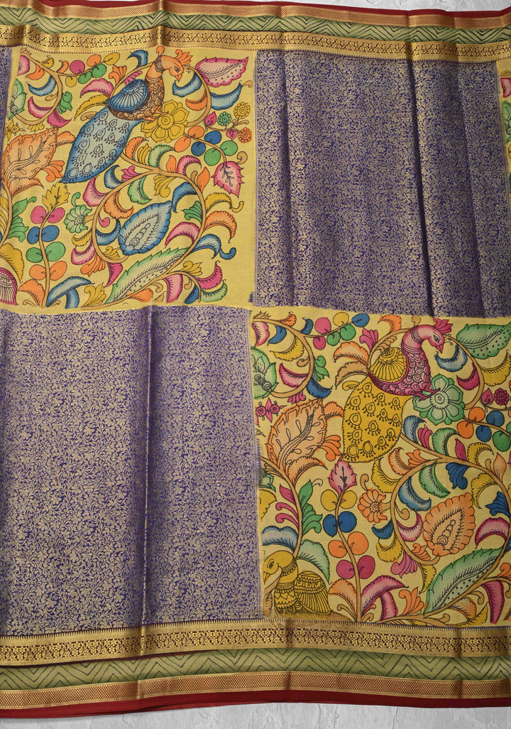 Yellow and Purple Handpainted Pen Kalamkari on Pure Mysore Silk Saree with Zari Brocade Jaal and Rettaipet Border | SILK MARK CERTIFIED