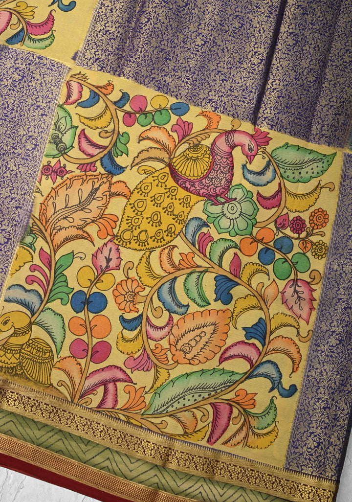 Yellow and Purple Handpainted Pen Kalamkari on Pure Mysore Silk Saree with Zari Brocade Jaal and Rettaipet Border | SILK MARK CERTIFIED